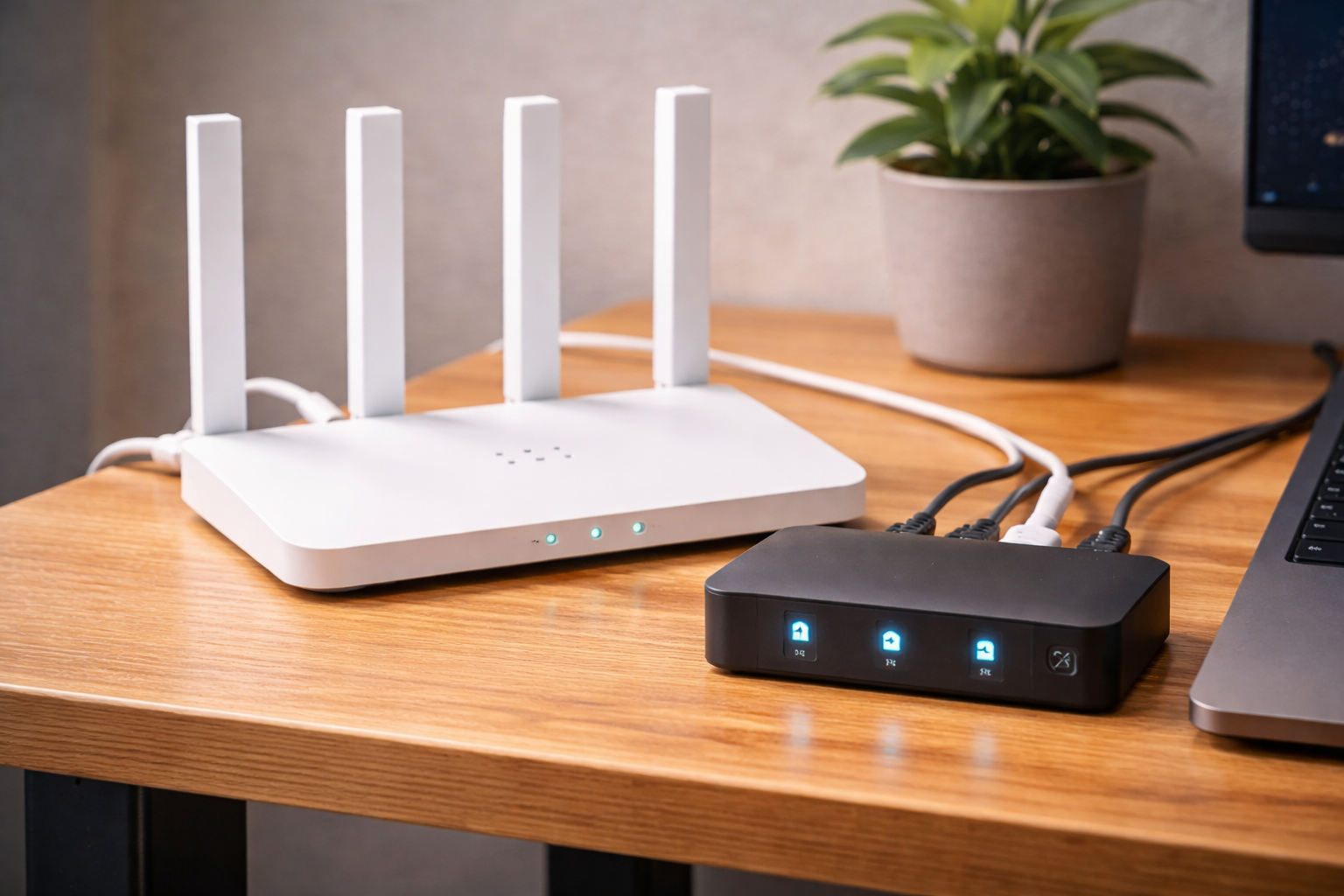 Wi-Fi router and ethernet adapter on a desk